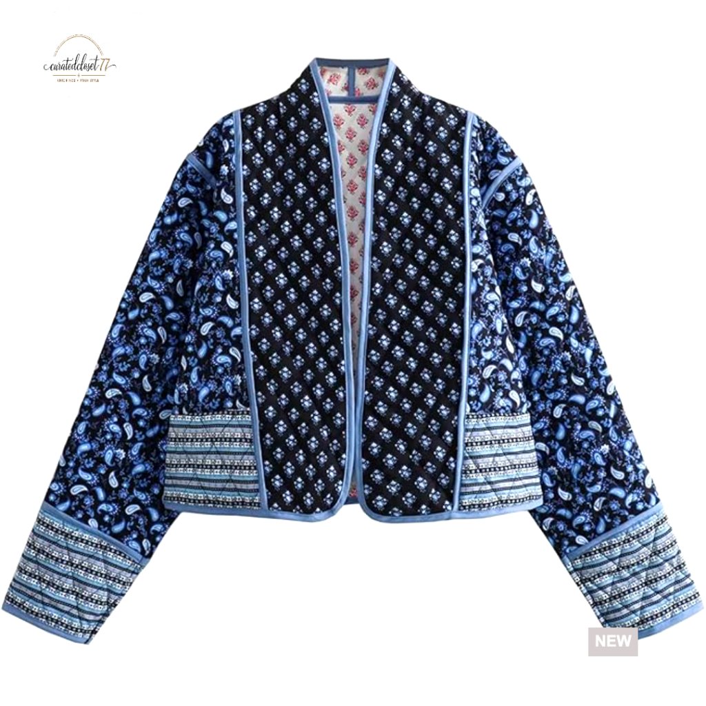 Women's Cropped Puffer Quilted Jacket Cardigan Lightweight Open Front Floral